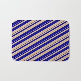 [ Thumbnail: Tan & Dark Blue Colored Stripes/Lines Pattern Bath Mat ]