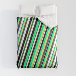 [ Thumbnail: Vibrant Green, Tan, Dark Slate Gray, White, and Black Colored Striped/Lined Pattern Comforter ]