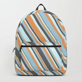 [ Thumbnail: Dim Gray, Light Cyan, Brown & Light Blue Colored Striped Pattern Backpack ]
