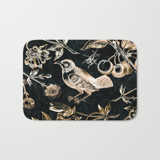 Golden set of birds, beetle, flowers and cherry fruit. Bath Mat