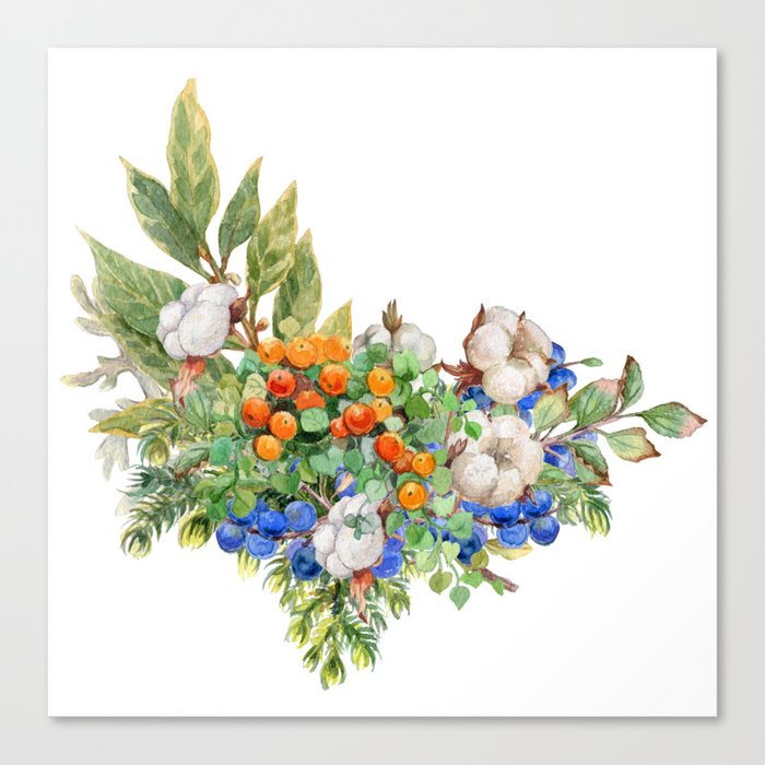Winter watercolor bouquet with cotton and laurel Canvas Print