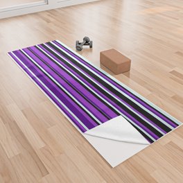 [ Thumbnail: Dark Orchid, Indigo, Light Cyan, and Black Colored Striped/Lined Pattern Yoga Towel ]