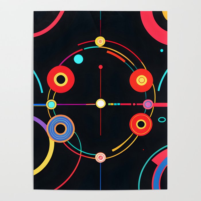 Abstract colorful lines and circles on a black background Poster