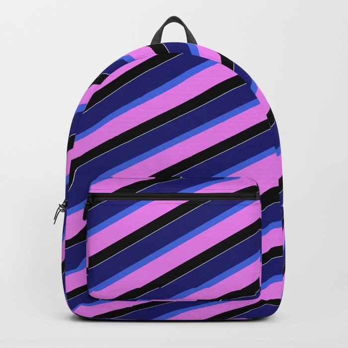 Vibrant Midnight Blue, Royal Blue, Violet, Black, and White Colored Pattern of Stripes Backpack