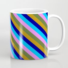 [ Thumbnail: Dark Olive Green, Dark Goldenrod, Dark Blue, Deep Sky Blue, and Violet Colored Striped Pattern Coffee Mug ]