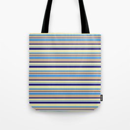 [ Thumbnail: Tan, Dark Blue, Pale Goldenrod & Blue Colored Lined Pattern Tote Bag ]