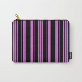 [ Thumbnail: Black and Orchid Colored Pattern of Stripes Carry-All Pouch ]