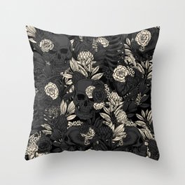 Skulls and Flowers Gothic Floral Black Beige Vintage Throw Pillow