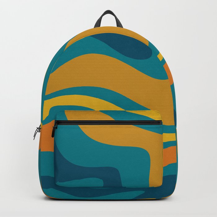 Modern Retro Liquid Swirl Abstract Pattern in Moroccan Teal Blue, Mustard, and Orange Backpack
