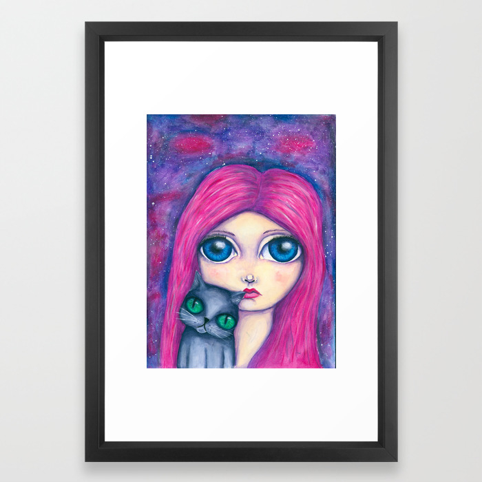Big Eyes Girl With Pink Hair And Her Cat Compangnon Framed Art