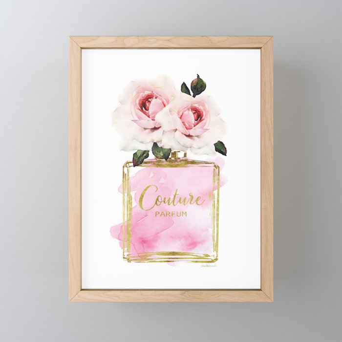 Pink Peony, Make up, Pink, gold, Perfume, Perfume bottle, with flowers, Blush  Pink, Roses Watercolor Framed Mini Art Print by Amanda Greenwood