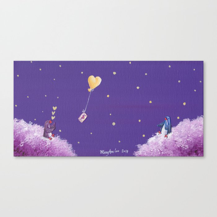 Penguin Sends Love Letter with Heart Balloon to Friend Across Starry Sky Canvas Print