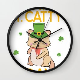 Happy St Cattys Day Cute Irish Patricks Day Cat design Wall Clock