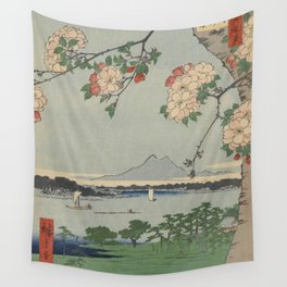 Cherry Blossoms on Spring River Ukiyo-e Japanese Art Wall Tapestry