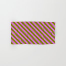 [ Thumbnail: Orchid & Green Colored Stripes Pattern Hand & Bath Towel ]