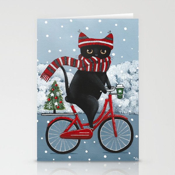 Black Cat Winter Bicycle Ride Stationery Cards