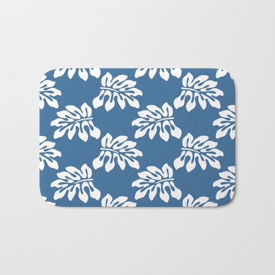 Blue White Tropical Leaf Pattern Bath Mat