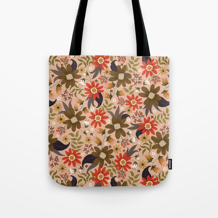 red and brown floral on warm pink Tote Bag