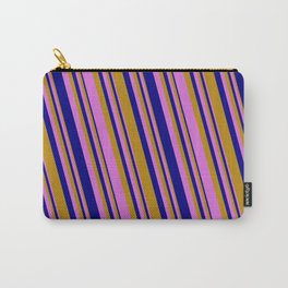 [ Thumbnail: Dark Goldenrod, Orchid, and Blue Colored Striped/Lined Pattern Carry-All Pouch ]