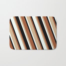 [ Thumbnail: Sienna, Tan, Mint Cream & Black Colored Stripes Pattern Bath Mat ]