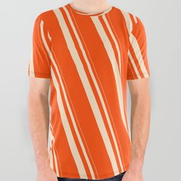 [ Thumbnail: Bisque & Red Colored Lines/Stripes Pattern All Over Graphic Tee ]
