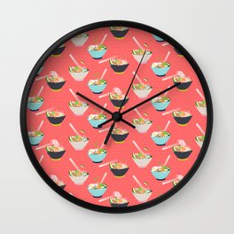 Noodle Bowl with Tofu, Lime and Chopsticks in Coral Black White Green Wall Clock