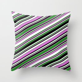 [ Thumbnail: Forest Green, Orchid, Black & White Colored Striped/Lined Pattern Throw Pillow ]
