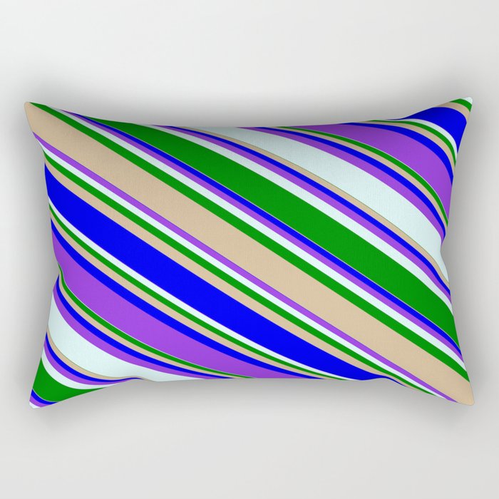 Colorful Green, Tan, Blue, Purple, and Light Cyan Colored Striped/Lined Pattern Rectangular Pillow