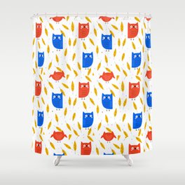 Autumn Orange and Blue Owl and Yellow Leaves on a White Background pattern Shower Curtain