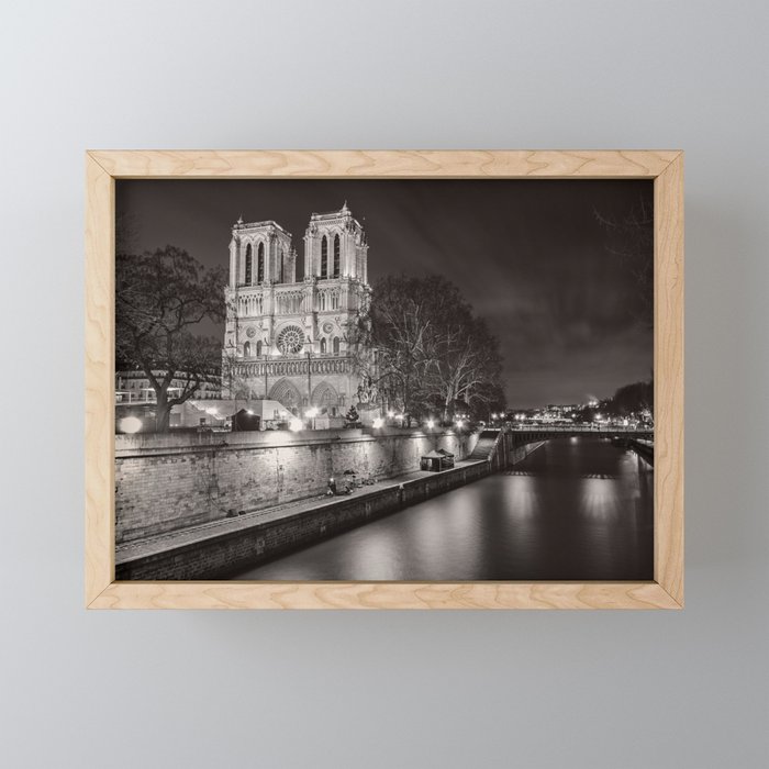 Notre Dame Cathedral, Paris, France on the River Seine black and white photograph / art photography Framed Mini Art Print