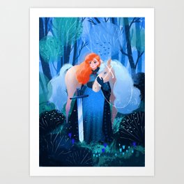 Lady with a Sword and White Horse Art Print