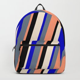 [ Thumbnail: Colorful Blue, Slate Gray, Light Salmon, Black, and Beige Colored Lined/Striped Pattern Backpack ]