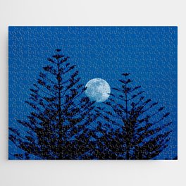 Two Evergreen Trees Night Full Moon Jigsaw Puzzle