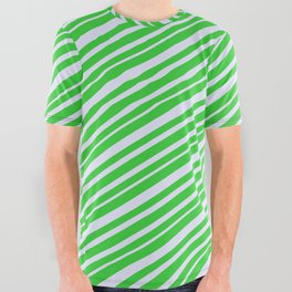 [ Thumbnail: Lime Green and Lavender Colored Lines Pattern All Over Graphic Tee ]