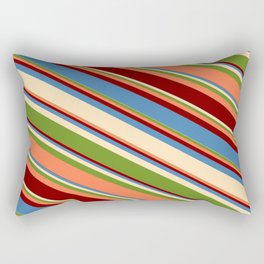 [ Thumbnail: Blue, Beige, Green, Coral, and Maroon Colored Lined Pattern Rectangular Pillow ]