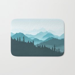 Teal Mountains Bath Mat | Fog, Trees, Landscape, Tranquil, Digital, Mountainwallart, Blue, Interiordesign, Mountainart, Skyline 