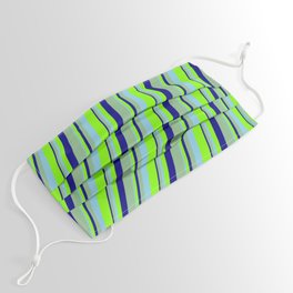 [ Thumbnail: Sky Blue, Chartreuse, Blue & Dark Sea Green Colored Lines Pattern Face Mask ]