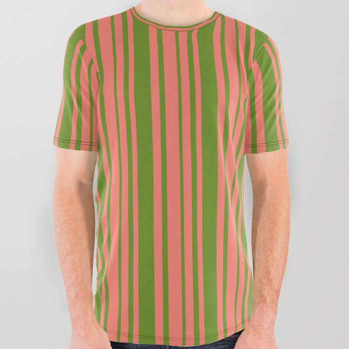 Salmon and Green Colored Lines Pattern All Over Graphic Tee