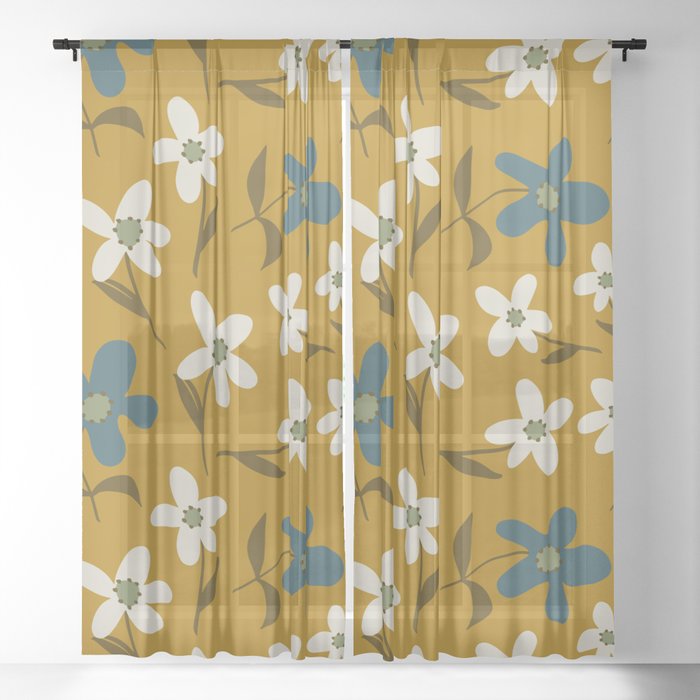 Abstract Hand Drawing Geometric Daisy Flowers and Leaves Repeating vintage Pattern Isolated Background  Sheer Curtain