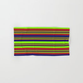 [ Thumbnail: Chartreuse, Red, and Midnight Blue Colored Striped Pattern Hand & Bath Towel ]