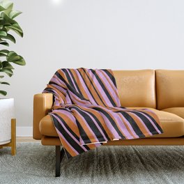 [ Thumbnail: Plum, Chocolate, and Black Colored Lines/Stripes Pattern Throw Blanket ]