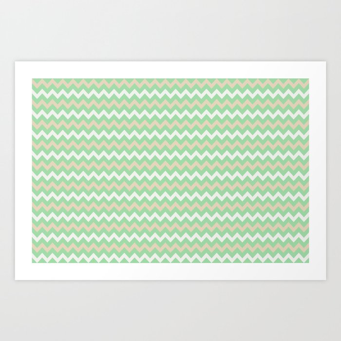 Pastel Green, Beige & Linen White Chevron Line Pattern Pairs to Noe Mint 2020 Color of the Year Art Print