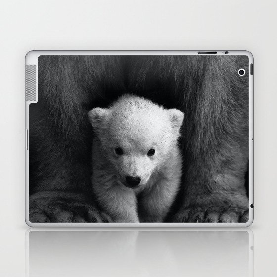 Baby polar bear cub snuggled by mom black and white nature animals photograph - photography - photographs Laptop & iPad Skin