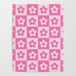 Hot Pink and White Retro Checkered Flower Pattern Poster | Girly, Floral, 1960S, Pink, Checked, Spring, 1970S, Chessboard, Checkered Squares, Graphicdesign 