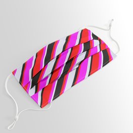 [ Thumbnail: Red, Fuchsia, Lavender & Black Colored Pattern of Stripes Face Mask ]