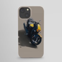  A modern, bright yellow and black motorcycle parked outside on a sunny day iPhone Case