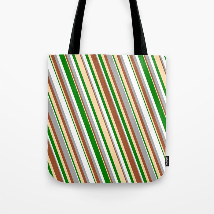 Vibrant Dark Grey, Sienna, Tan, Green & White Colored Lined Pattern Tote Bag