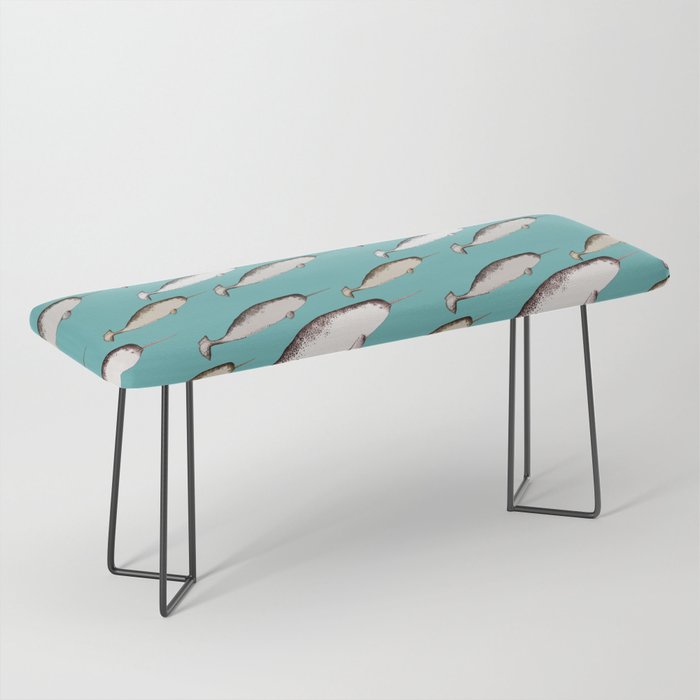 Narwhals - Narwhal Whale Pattern Watercolor Illustration Teal Blue Bench