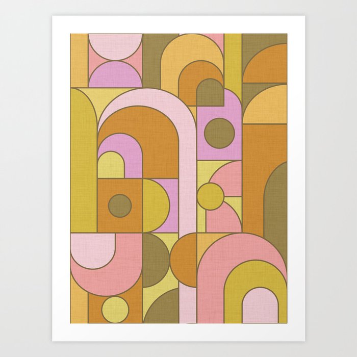 Abstract Bauhaus Shapes - Pink & Olive Green Art Print