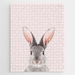 Grey Bunny, Baby Rabbit, Pink, Kids Art, Baby Animals Art Print By Synplus Jigsaw Puzzle